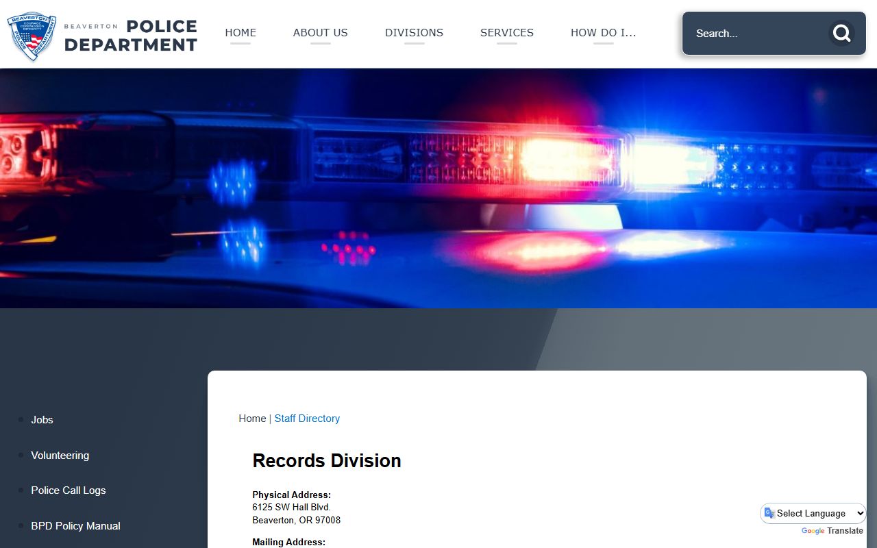 Beaverton Police Records Division at 6125 SW Hall Blvd