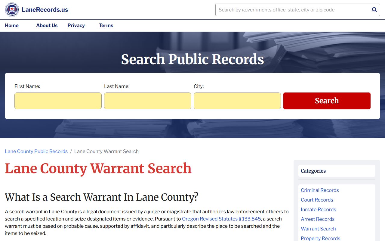 Lane County Sheriff's Office warrant search for Eugene area records
