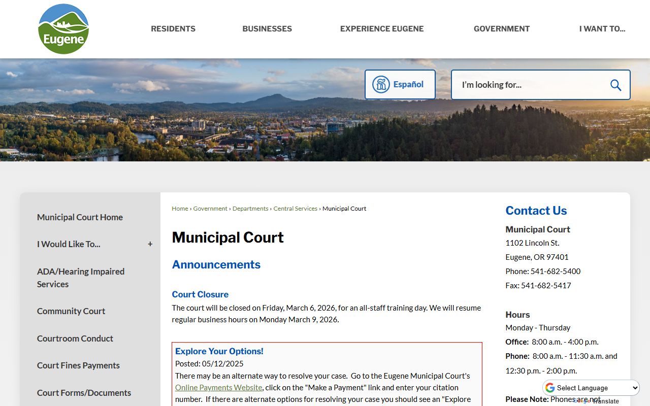 Eugene Municipal Court building for warrant records and case resolution