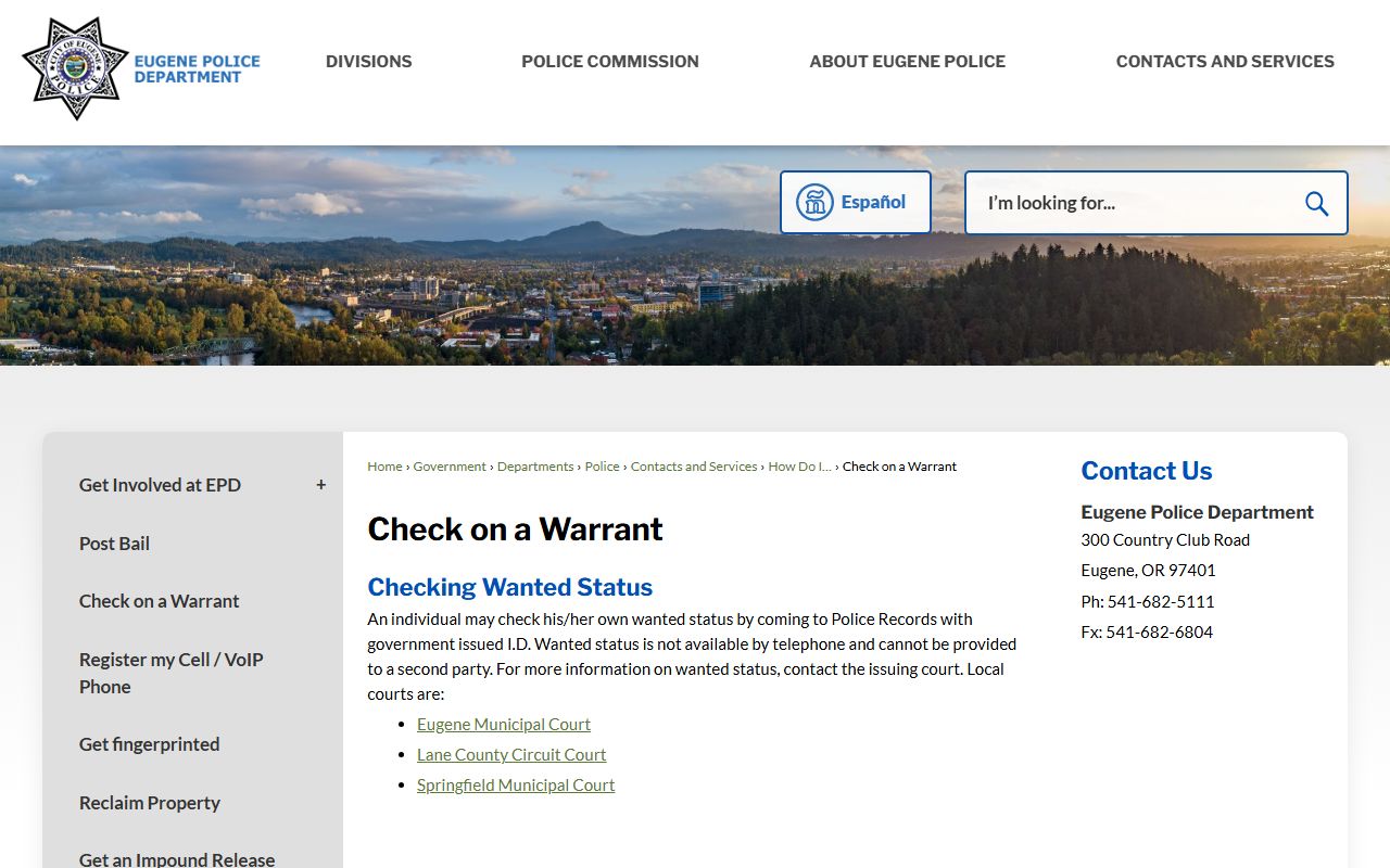 Eugene Police Department warrant check service information