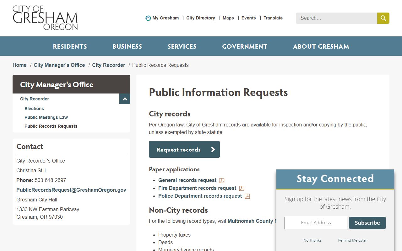 Gresham public records portal for warrant records and police file requests