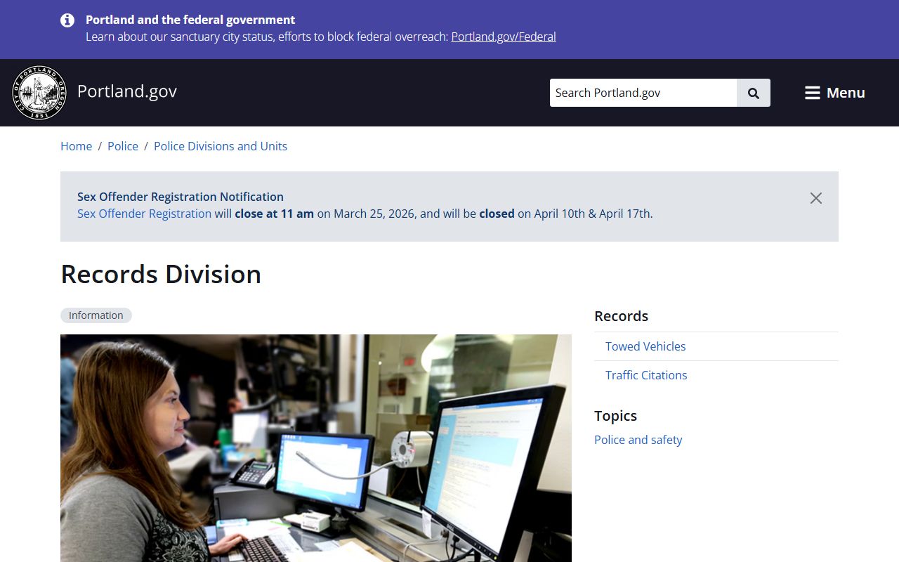Portland Police Bureau Records Division for warrant records access