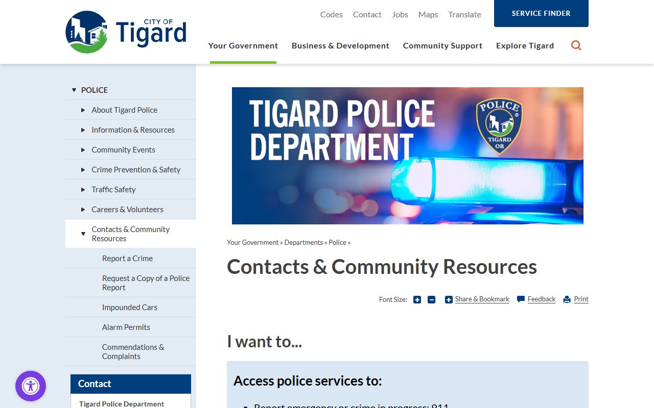 Tigard Police and court resources at 13125 SW Hall Blvd