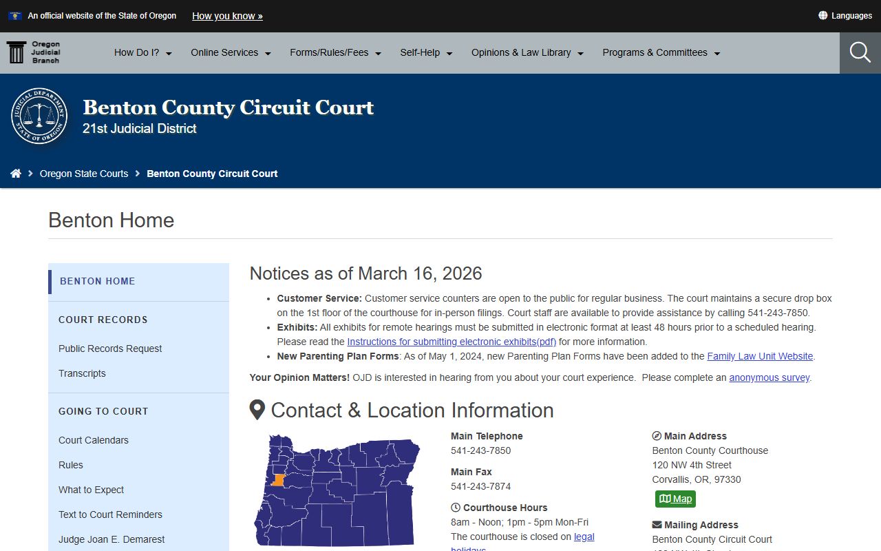 Benton County Circuit Court website for warrant records