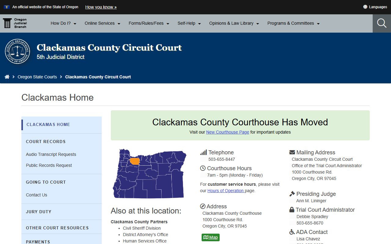 Clackamas County Circuit Court website for warrant records