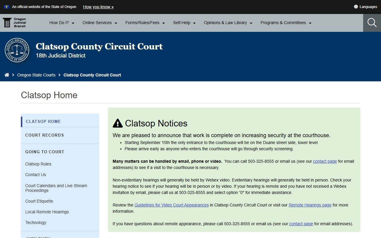 Clatsop County Circuit Court website for warrant records lookup
