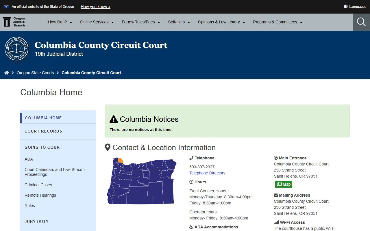 Columbia County Circuit Court website for warrant records