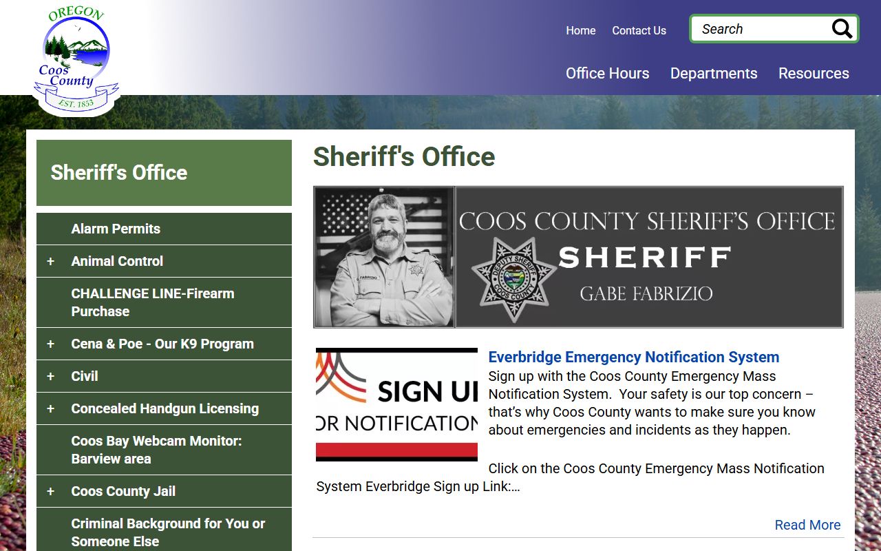 Coos County Sheriff office website for warrant and booking records