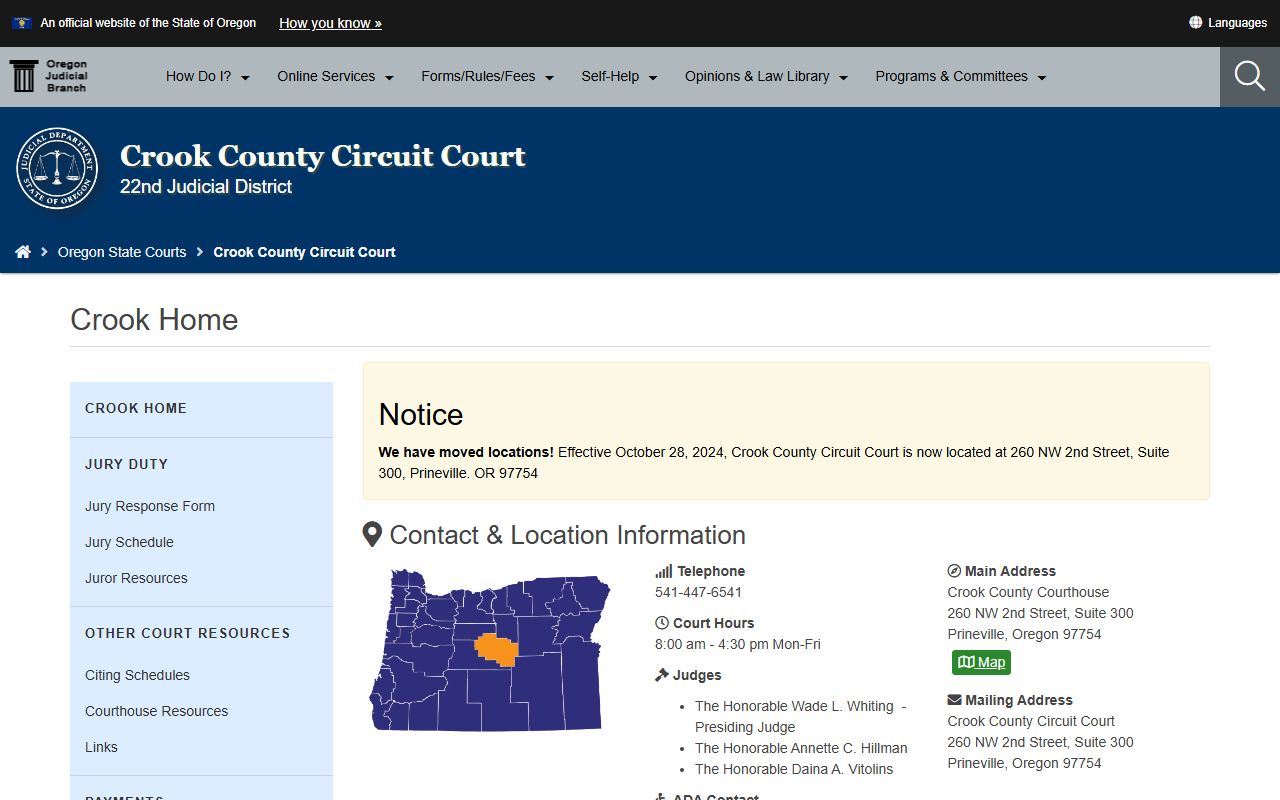 Crook County Circuit Court website for warrant records