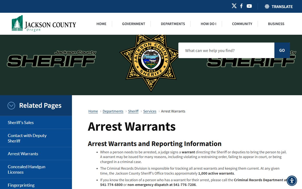 Jackson County arrest warrants list and records