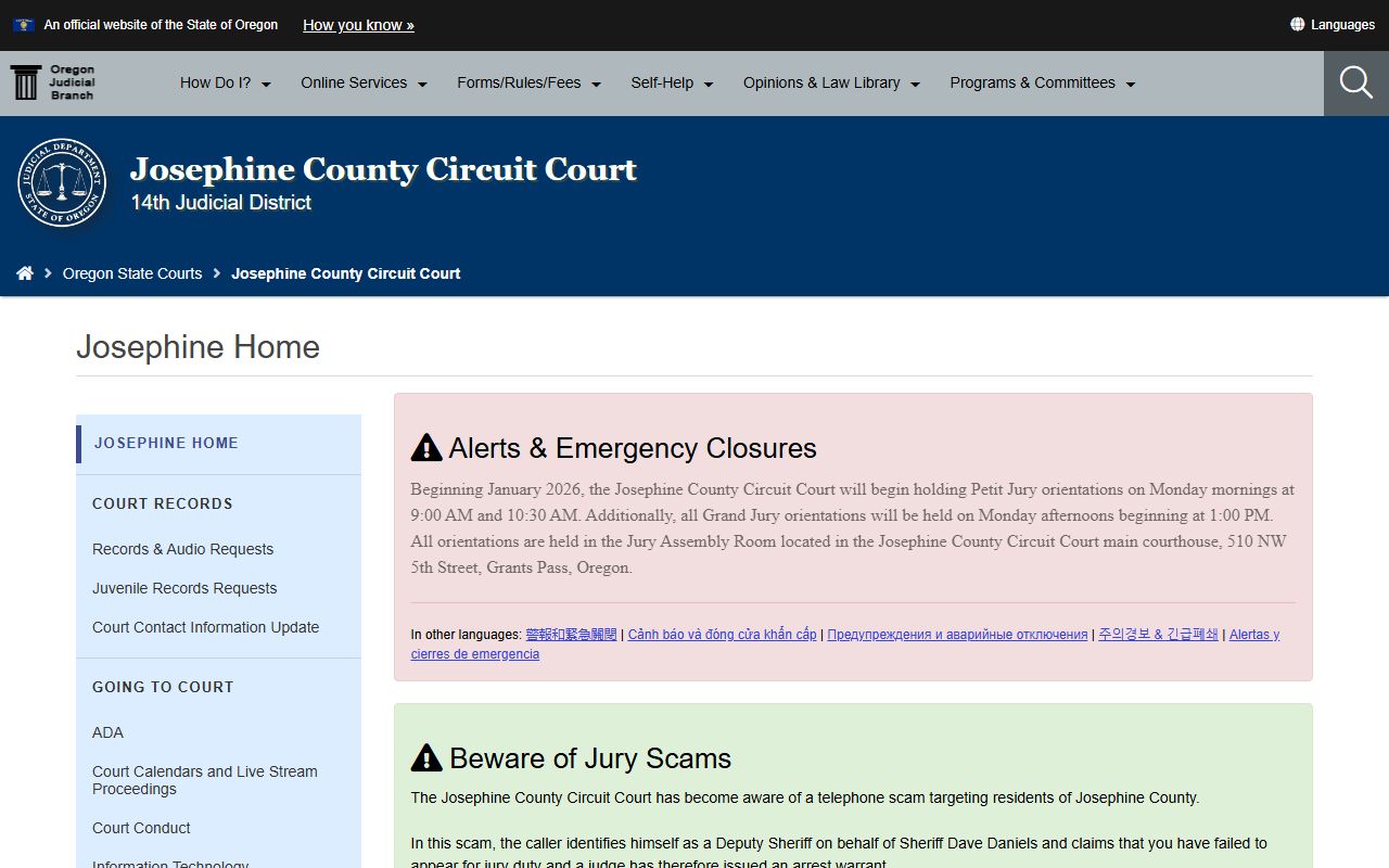 Josephine County Circuit Court warrant records page
