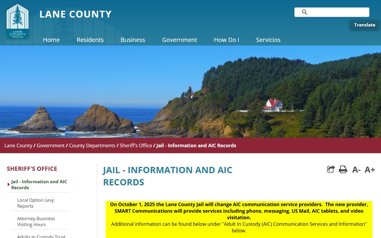 Lane County jail information and booking records