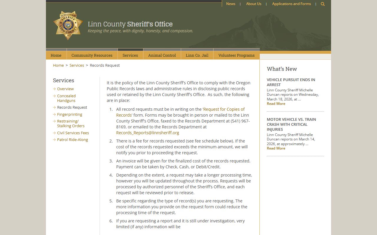 Linn County Sheriff records request page for warrant records