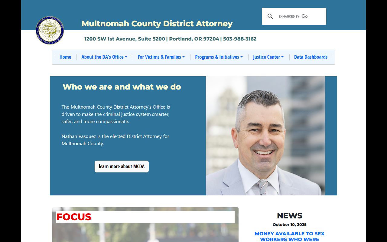 Multnomah County District Attorney website for warrant records information