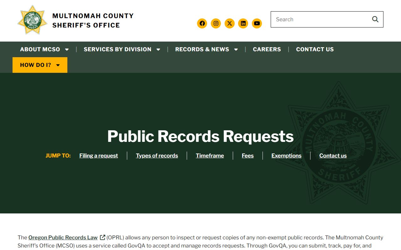 Multnomah County Sheriff records request page for warrant records