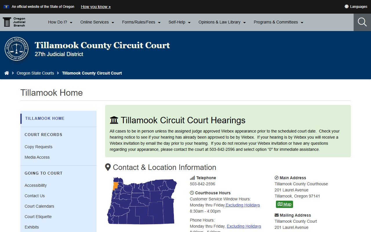 Tillamook County Circuit Court website for warrant records