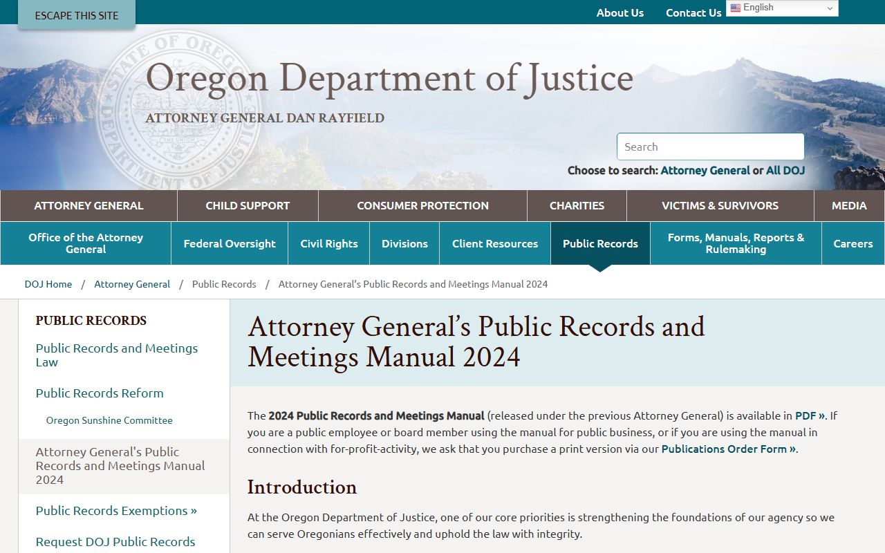 Oregon DOJ public records manual for warrant records access