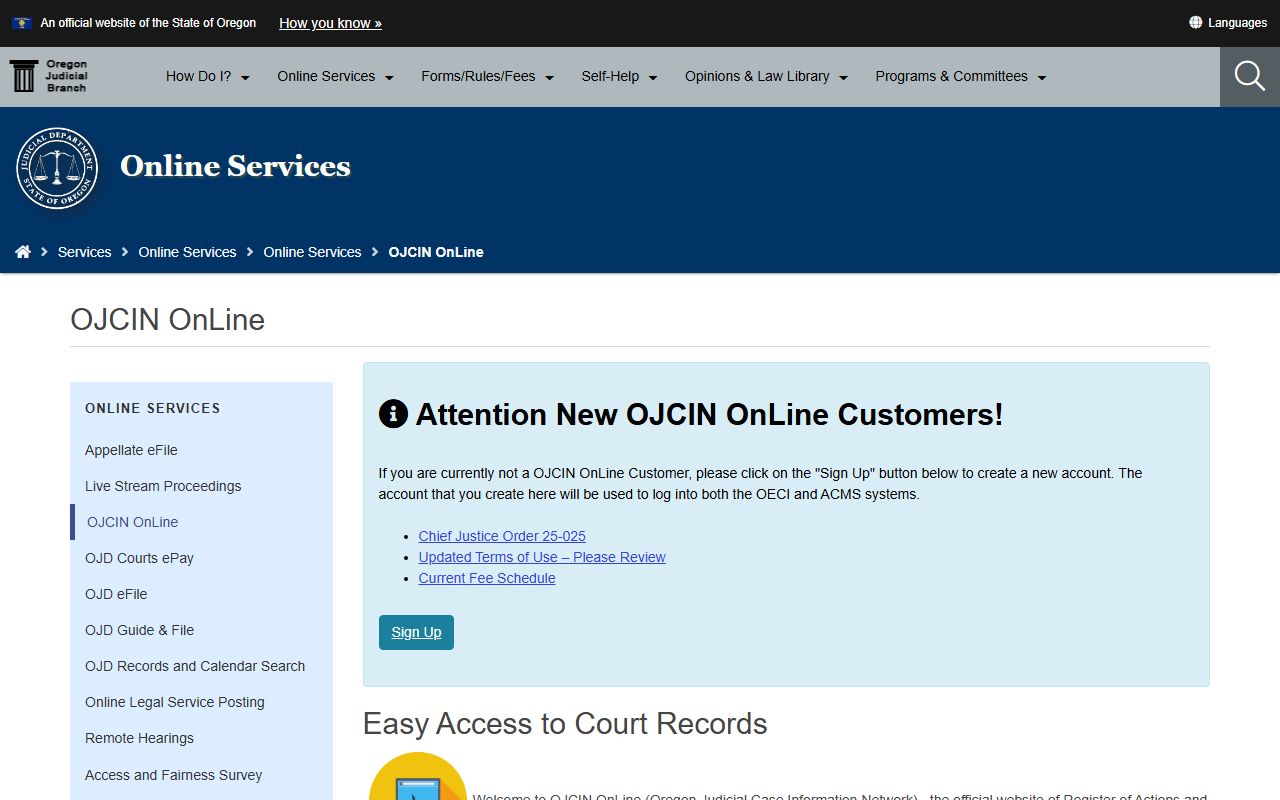 OJCIN portal for searching Oregon warrant records