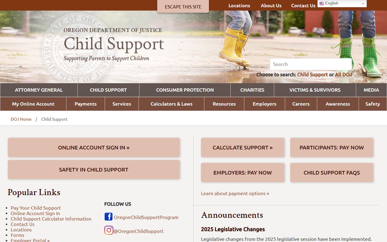 Oregon Department of Justice child support enforcement and warrant records