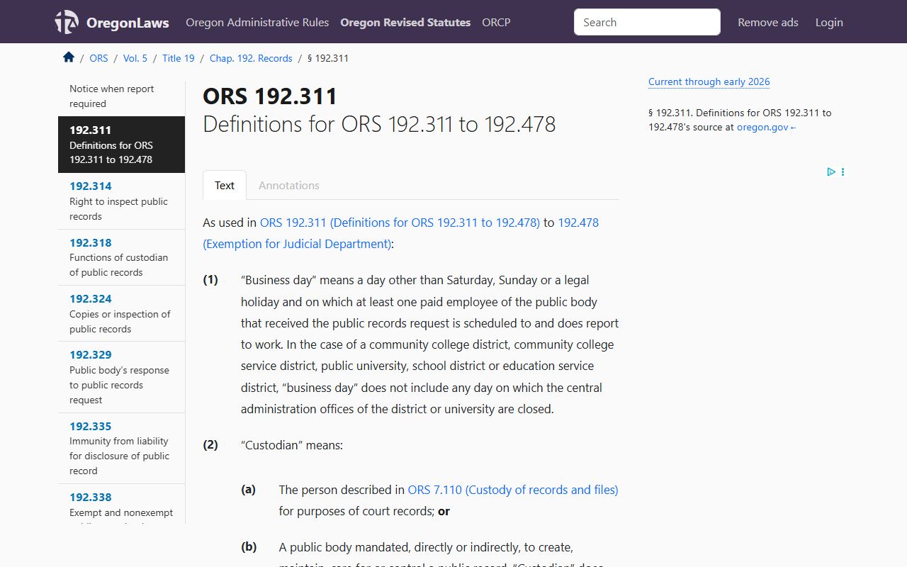 ORS 192.311 definitions for Oregon public records and warrant records