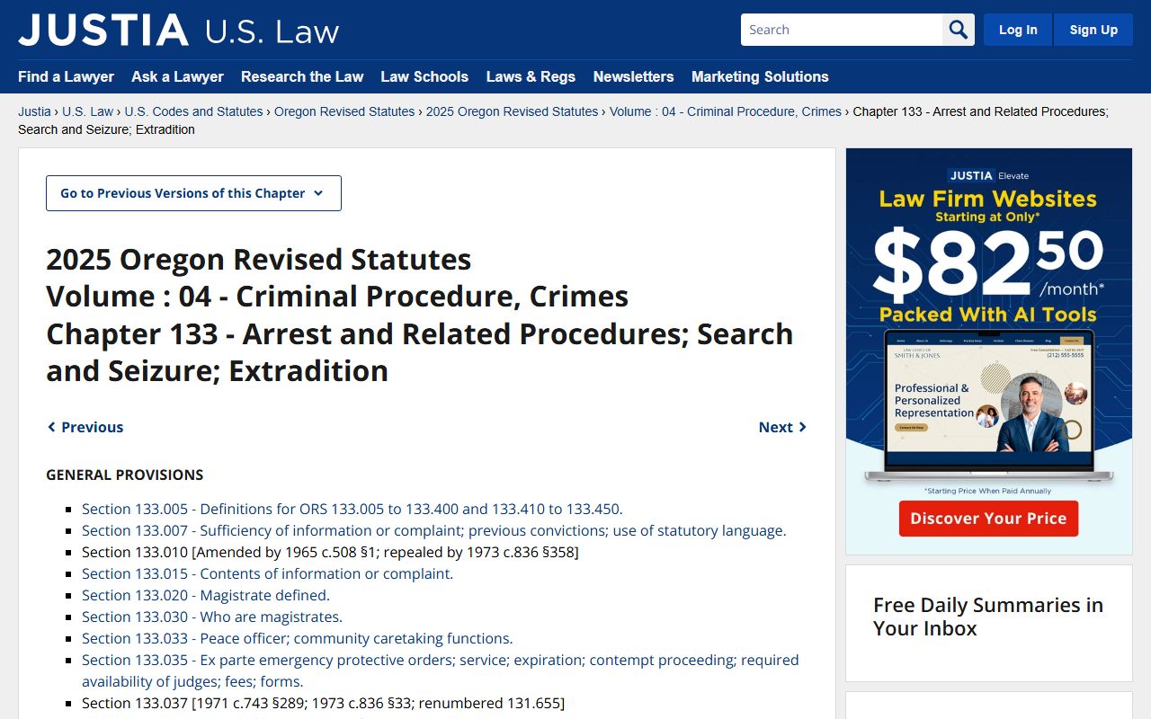 ORS Chapter 133 arrest and warrant procedures for Oregon warrant records