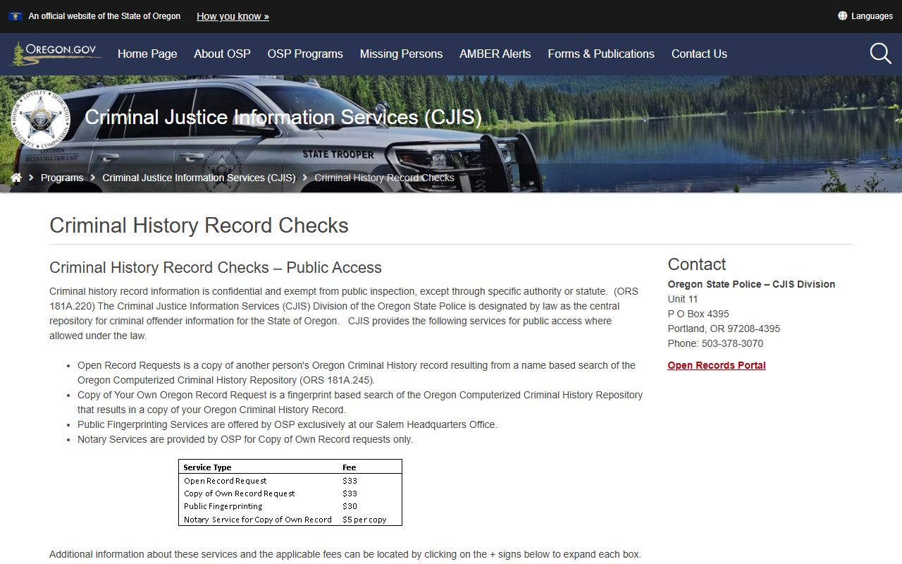 Oregon State Police CJIS criminal history check for warrant records